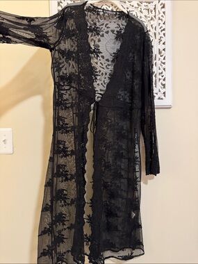 Black Sheer Floral Lace Robe with Tie Closure